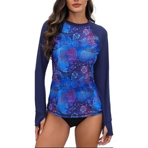 Halcurt Womens Rash Guard Long Sleeve UPF 50 Blue Paisley Mandala Thumbhole XL